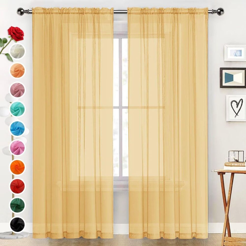 Set of 2 Curtain Panels, 52W x 45L, Sheer Voile Window Curtains (Gold)
